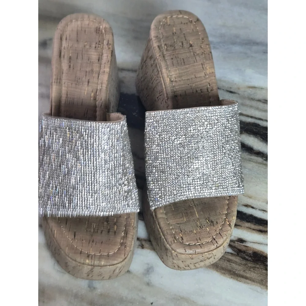 Madden Girl Zahara-R Silver Rhinestone Cork Platform Wedge Sandals‎ 8M